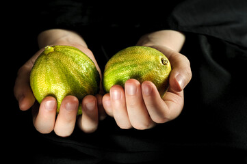 Children's hands holding two striped eureka lemons peeking out from the darkness.