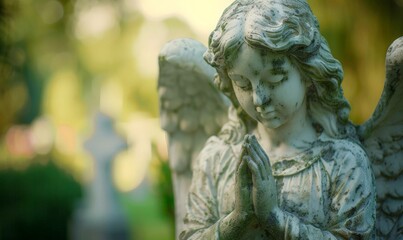 close-up of an angel statue praying on a graveyard