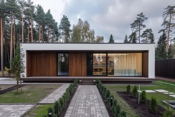 Obraz premium Harmonious blend modern cubic house in forest setting minimalist design meeting natural beauty
