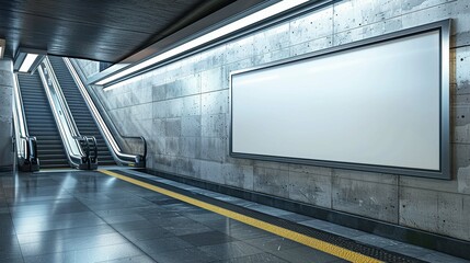 Capture the attention of daily commuters with an empty poster mockup, strategically located on an escalator wall in a bustling subway station.AI Generate