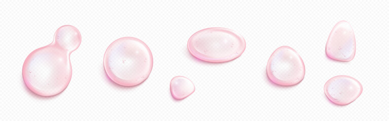 Obraz premium 3d pink soap bubble. Collagen water ball vector. Isolated transparent liquid jelly circle droplet with oil texture. Round clear strawberry serum swatch for girl skin. Hyaluron cosmetic essence orb