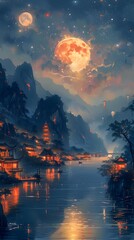 Night view of ancient Chinese village and river at night with full moon
