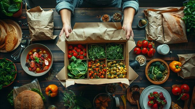 This image highlights food delivery using ecofriendly packaging, emphasizing the shift towards more sustainable eating practices.AI Generate