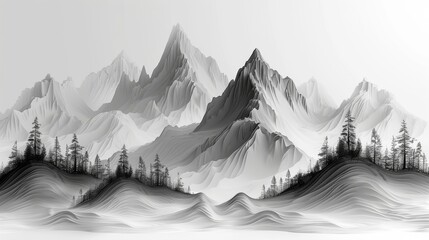 Modern abstract landscape template with hand drawn line pattern. Artistic mountain forest background.