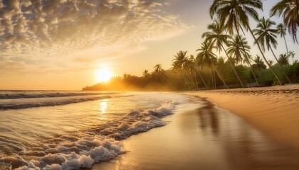 a serene beach scene with gentle waves lapping on a sandy shore, palm trees swaying, and a calming sunset in the background
