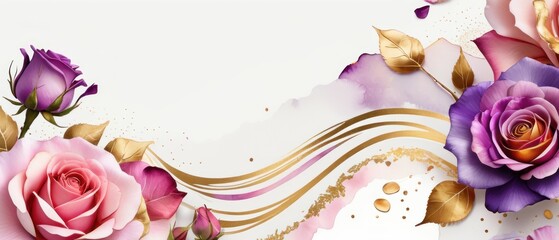 rose petals on white background with copy space for text. Golden alcohol ink watercolor floral bloom banner for Mother&rsquo;s Day or mauve wedding stationery