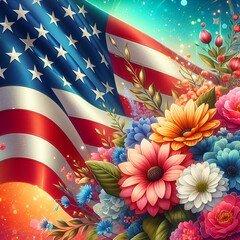 American flag with colorful background and colorful flowers.