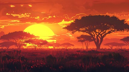  A vast savanna stretching to the horizon, dotted with acacia trees silhouetted against the fiery hues of a setting sun. . 
