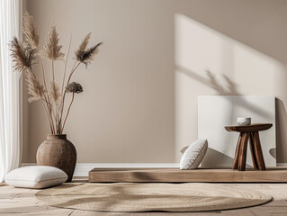 Minimalist zen interior design in beige with natural elements and window lighting. Relaxing interiors, meditation spaces.