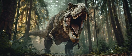 Experience the Thrilling Fear of Encountering a Tyrannosaurus Rex, Its Enraged Roars Echoing Through a Prehistoric Forest, a Remnant of a Bygone Era