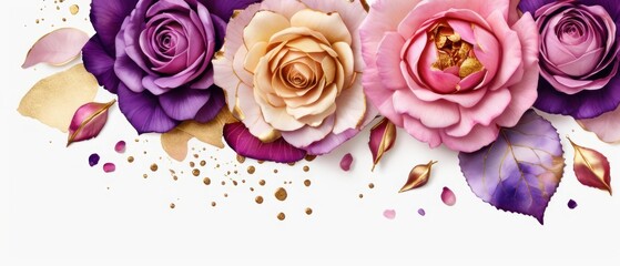 rose petals on white background with copy space for text. Golden alcohol ink watercolor floral bloom banner for Mother&rsquo;s Day or mauve wedding stationery