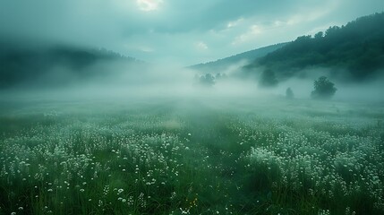A cinematic portrayal of a meadow shrouded in morning