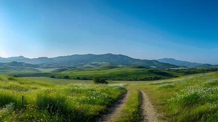 Obraz premium Beautiful green grass landscape with path and blue sky, summer nature background. Panoramic view of meadow in spring or autumn season. Green hills on horizon, blue clear cloudless sunny sky. 
