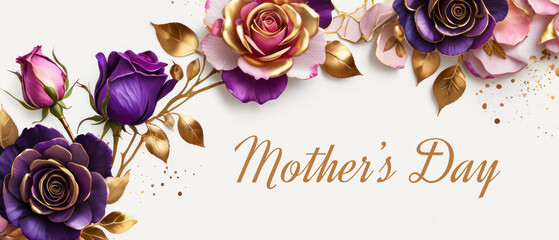 rose petals on white background with copy space for text. Golden alcohol ink watercolor floral bloom banner for Mother&rsquo;s Day or mauve wedding stationery