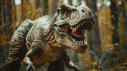Fototapeta premium Experience the Thrilling Fear of Encountering a Tyrannosaurus Rex, Its Enraged Roars Echoing Through a Prehistoric Forest, a Remnant of a Bygone Era