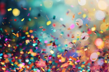 Celebration and colorful confetti party. Blur abstract background, metal confetti with abstract shapes, blurry bokeh, metallic scrapes, Ai generated