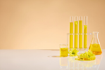 Laboratory equipments containing yellow liquid extracted from marigold flowers is placed on the...