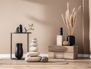 Minimalist zen interior design in beige with natural elements and window lighting. Relaxing...