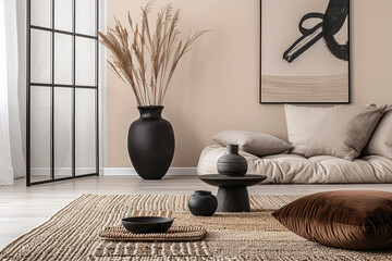 Minimalist zen interior design in beige with natural elements and window lighting. Relaxing...