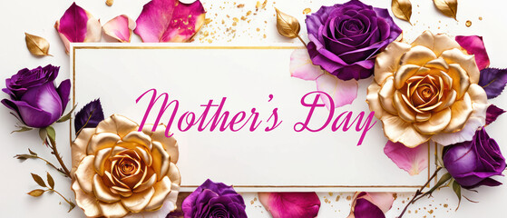 rose petals on white background with copy space for text. Golden alcohol ink watercolor floral bloom banner for Mother&rsquo;s Day or mauve wedding stationery