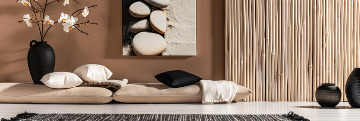 Minimalist zen interior design in beige with natural elements and window lighting. Relaxing...