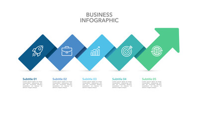 Business presentation growth arrow template. Infographic 5 steps or process to success. Vector illustration.
