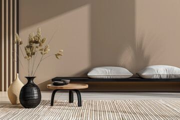 Minimalist zen interior design in beige with natural elements and window lighting. Relaxing...