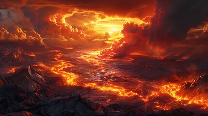 A dramatic landscape depicting the intense flow of streaming lava across a rugged terrain, with vibrant red-orange patterns glowing under a dark sky.