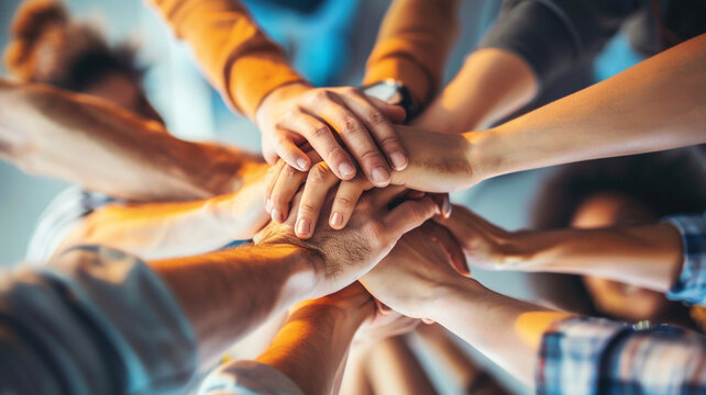 Group of people stacking hands in the middle. Background for teamwork.