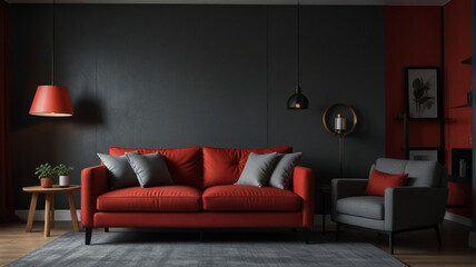 A gray and red theme living room design