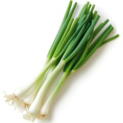 A close-up image of a bunch of fresh green spring onions. The onions are tied together with a rubber band.