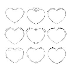 Set Abstract Collection Hand Drawn Frame Heart With Plants Doodle 14 February Holiday Concept Vector Design Outline Style On White Background Isolated Letter, Message, Mail, Cards, Posters