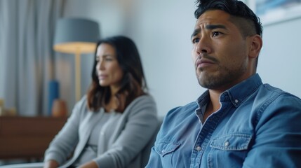 Obraz premium Hispanic Couple in Therapy, Man in Focus, Emotional Tension 