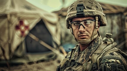 Obraz premium The picture of the military medic officer in the warfare and has been surrounded with medical tent, the medic require skill medical knowledge, patient, medical procedures, compassion, empathy. AIG43.