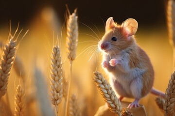 Macro close-up image of a cute mouse nibbling on a single grain of wheat in a natural setting