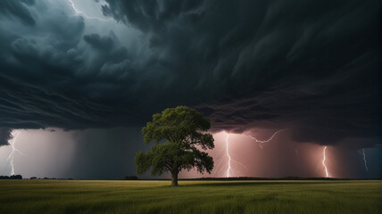 Photo of a supercell storm with lightning.