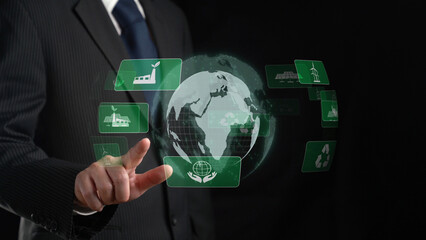 Business person implements green strategies, promoting sustainable growth. Discover how businesses...