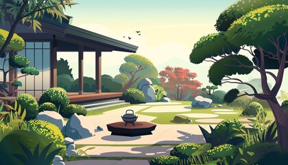 2D Flat illustation Landscape Concept of a Tranquil Lakeside Scene, with Copy Space for Nature Reflections, Captured by a Professional Camera