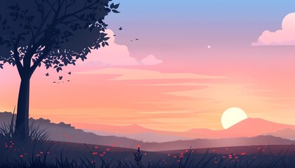 2D Flat illustation Landscape Concept of a Serene Countryside Sunset, with Copy Space for Rural Tranquility, Shot by a Professional Camera
