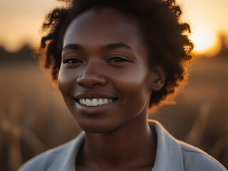Backlit Portrait of calm happy smiling free black African woman with closed eyes enjoys a beautiful moment life on the African fields at sunset, enjoy the weather.