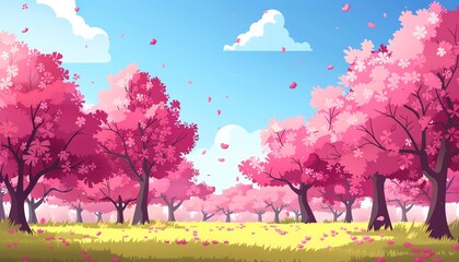 2D Flat Landscape Concept of a Vibrant Springtime Cherry Blossom Grove, with Copy Space for Floral Beauty, Captured by a Professional Camera