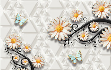 3D wallpaper and golden flower with butterfly elegant design