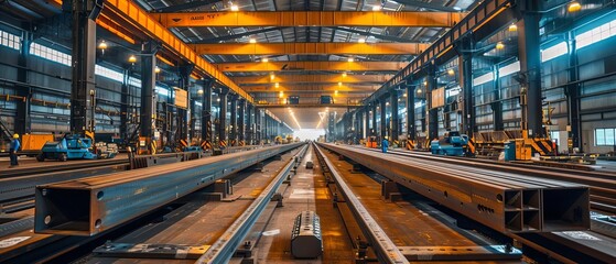 Fototapeta premium Steel fabrication plant, bright and orderly with workers inspecting smooth steel beams under fluorescent lights