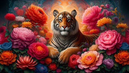  Image of a Bengal Tiger in a mystical garden