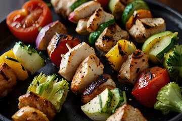 grilled meat skewers, shish kebab with vegetables on black wooden background.Homemade grilled chicken kebab.  stone or concrete background. Top view with copy space.