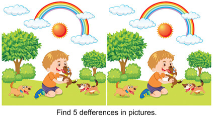 little boy playing with puppy find 5 differences in the picture.