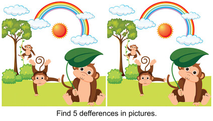 baby monkeys playing find 5 differences in the picture.