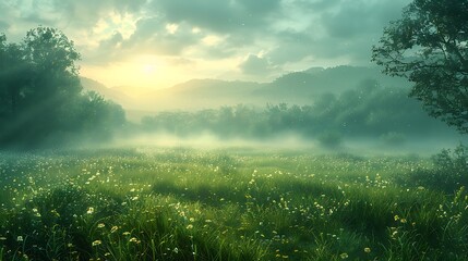 A peaceful landscape of a foggy meadow at dawn, where the soft mist blankets the ground and gentle green tones peek through the haze, creating a serene and dreamy atmosphere.