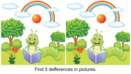 worm reading a book find 5 differences in the picture.
