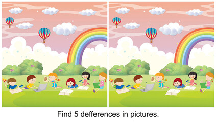 Children studying in the rainbowfind 5 differences in the picture.